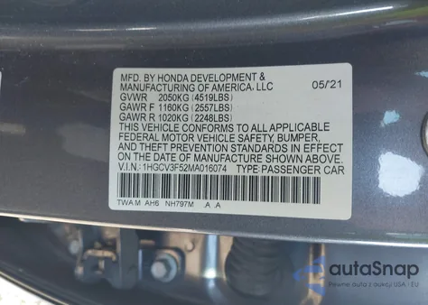 2021 Honda Accord Hybrid Ex-L from USA, damaged, VIN 1HGCV3F52MA016074